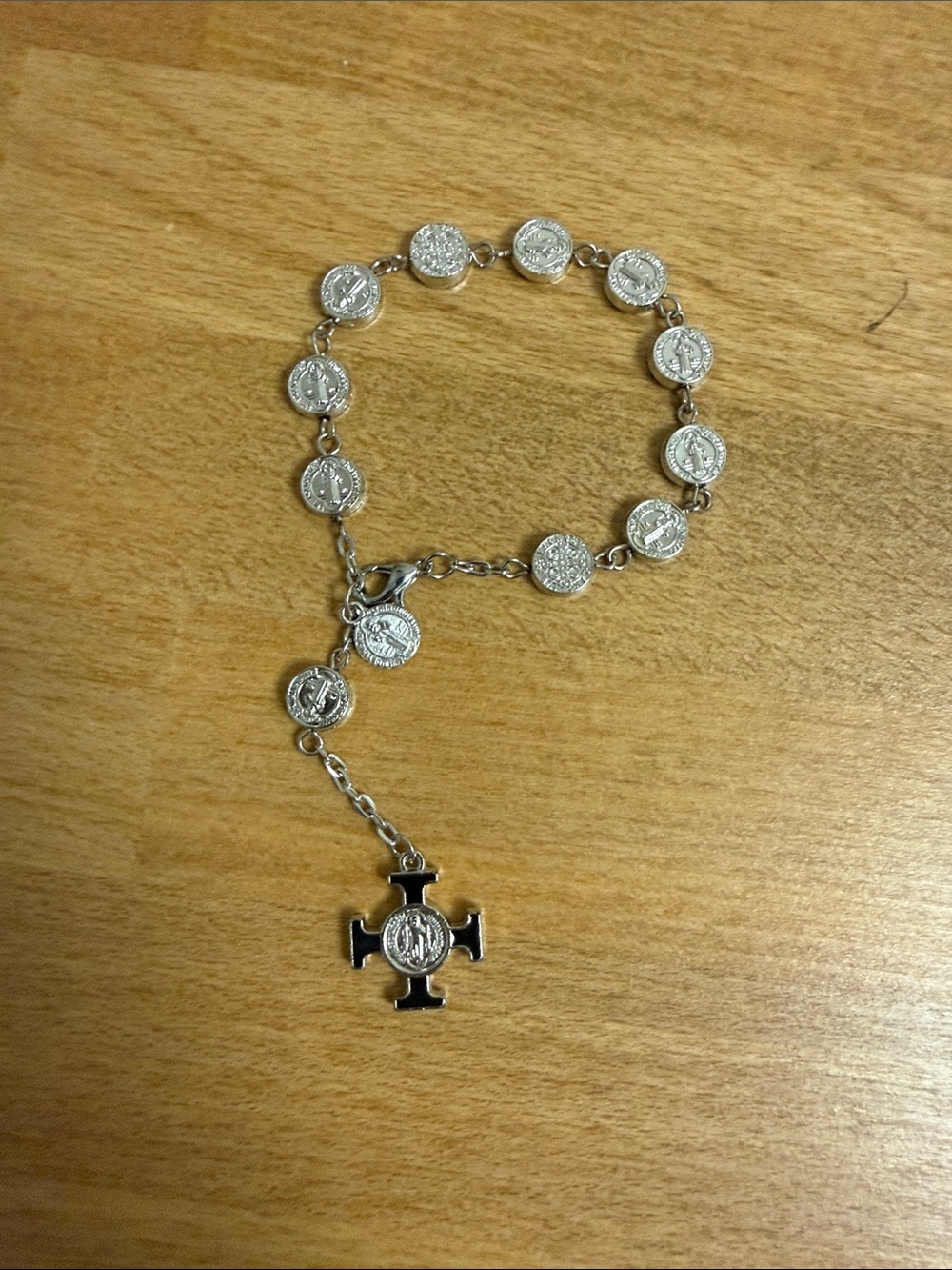 Silver tone Greek cross with saint picture religious beaded bracelet